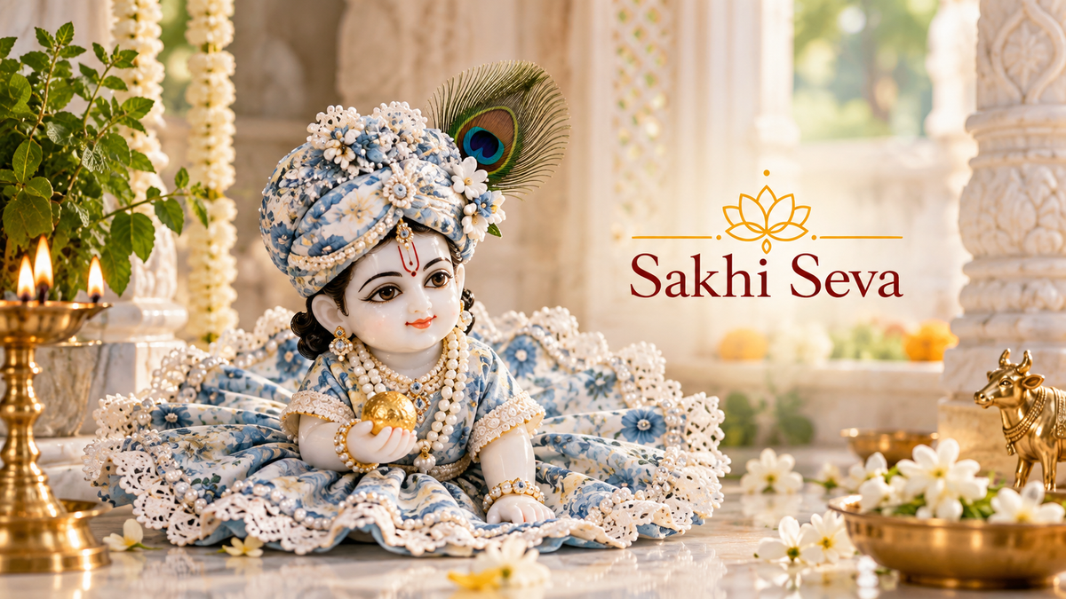 Laddu Gopal Ji wearing a beautiful poshak for daily seva