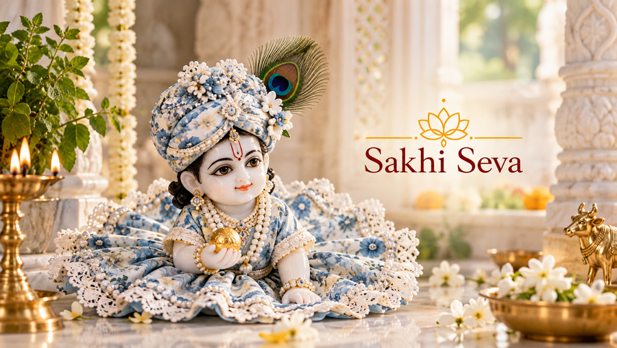 Laddu Gopal Ji wearing a beautiful poshak for daily seva