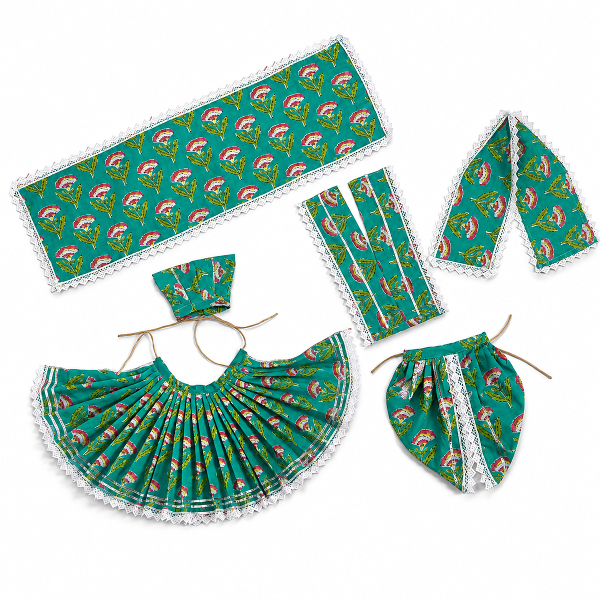 Yugal Sarkar Ji Poshak – Turquoise Floral Poshak for Radha Krishna Ji