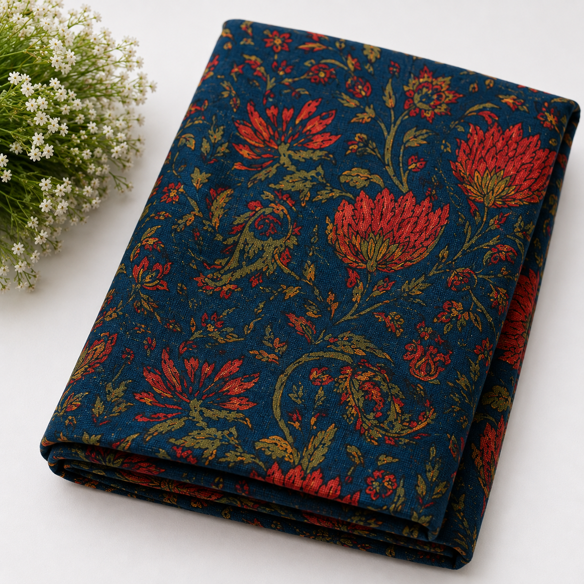 Indigo Bloom Floral 100% cotton fabric with traditional floral print for Laddu Gopal Ji and Yugal Sarkar Ji poshaks