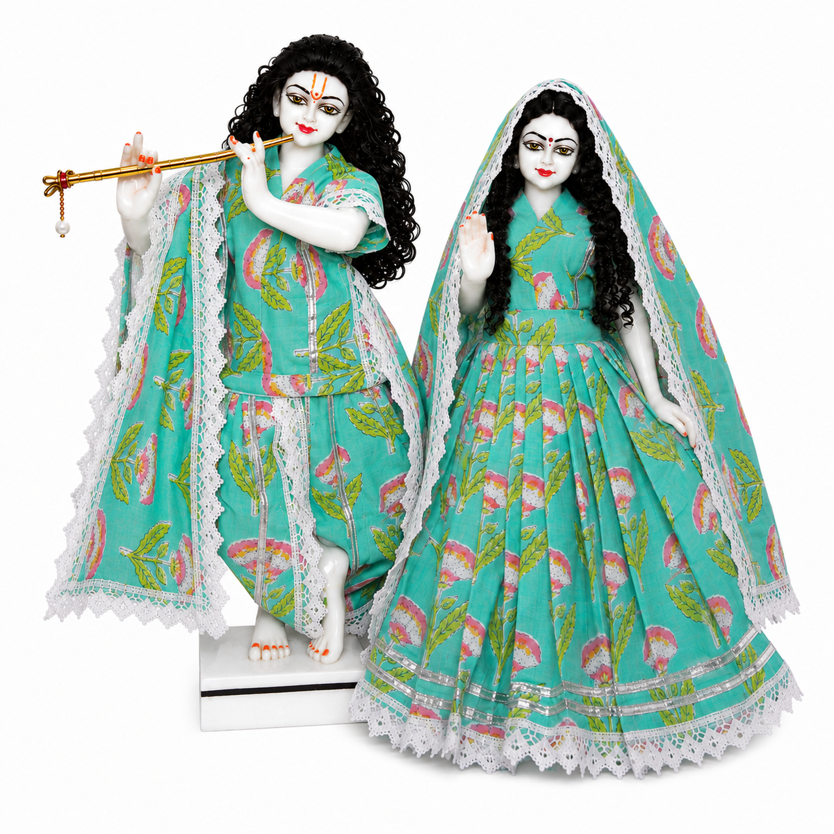 Yugal Sarkar Ji Poshak – Turquoise Floral Poshak for Radha Krishna Ji