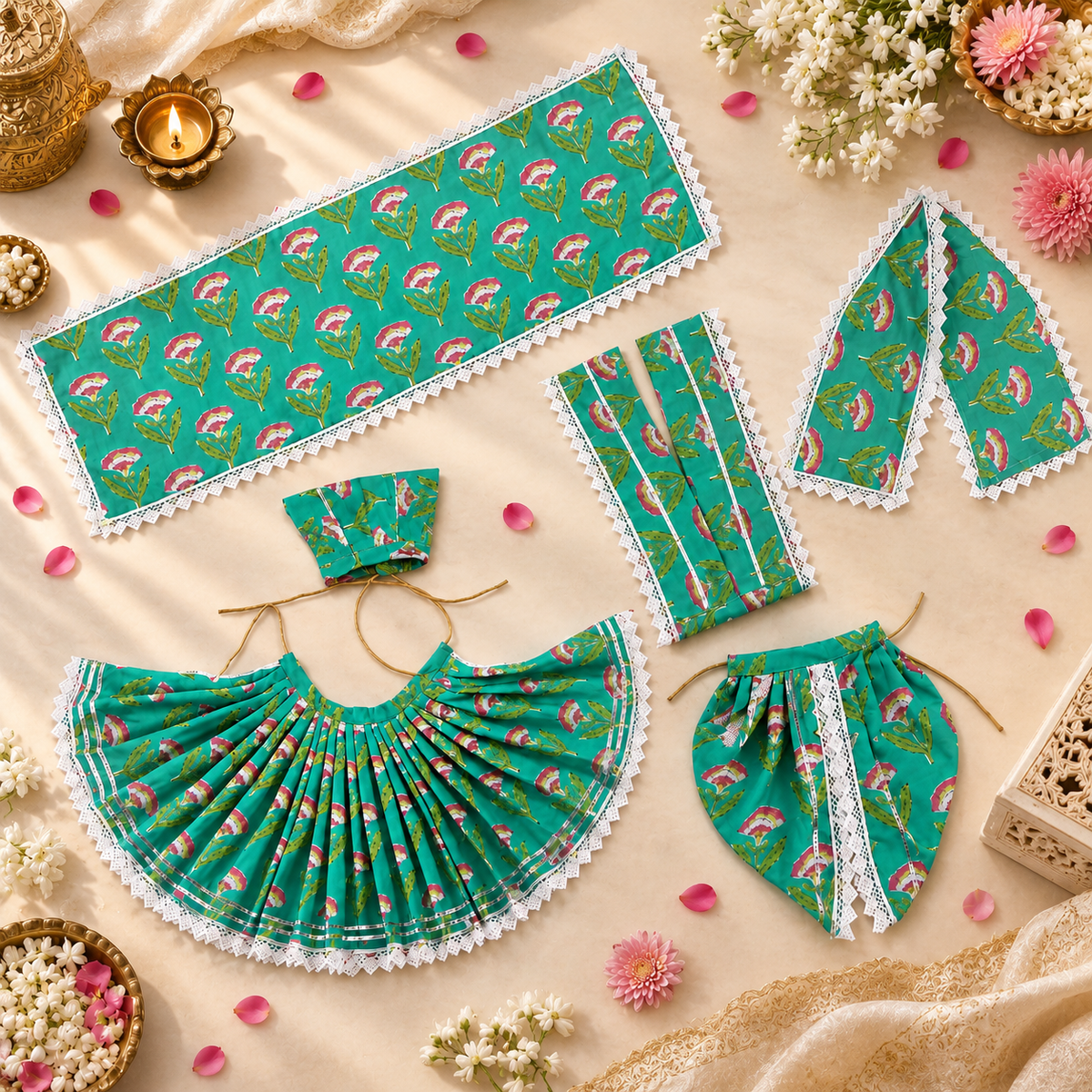 Yugal Sarkar Ji Poshak – Turquoise Floral Poshak for Radha Krishna Ji
