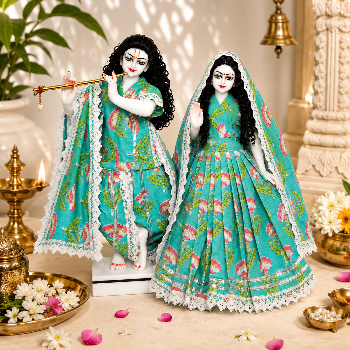 Yugal Sarkar Ji Poshak – Turquoise Floral Poshak for Radha Krishna Ji