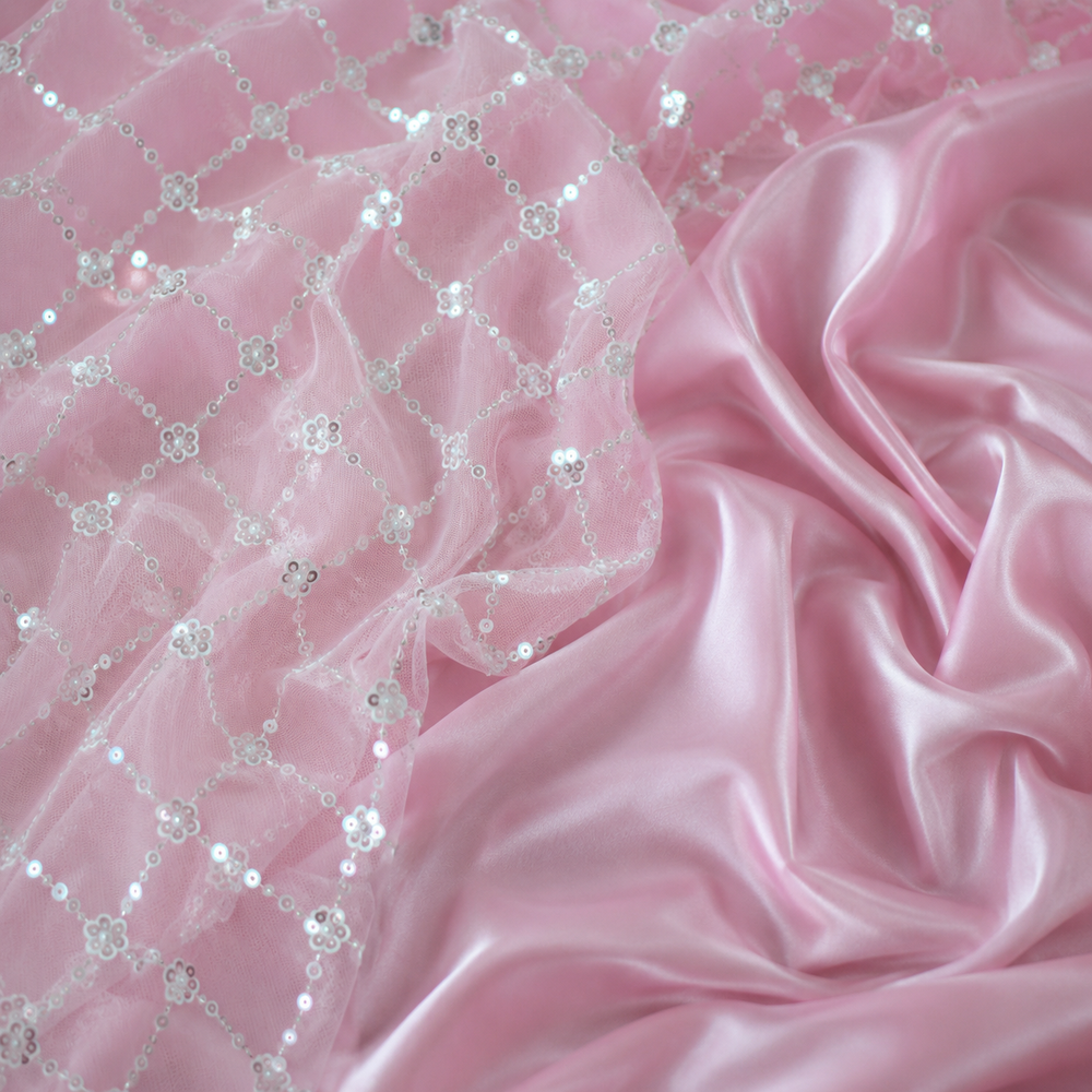 Pink Sequin Floral Net Fabric