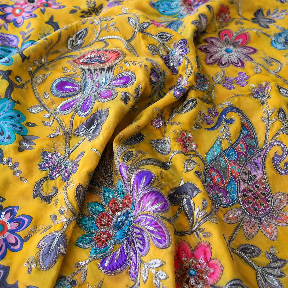 Mustard Yellow Embroidered Natural Crepe Fabric