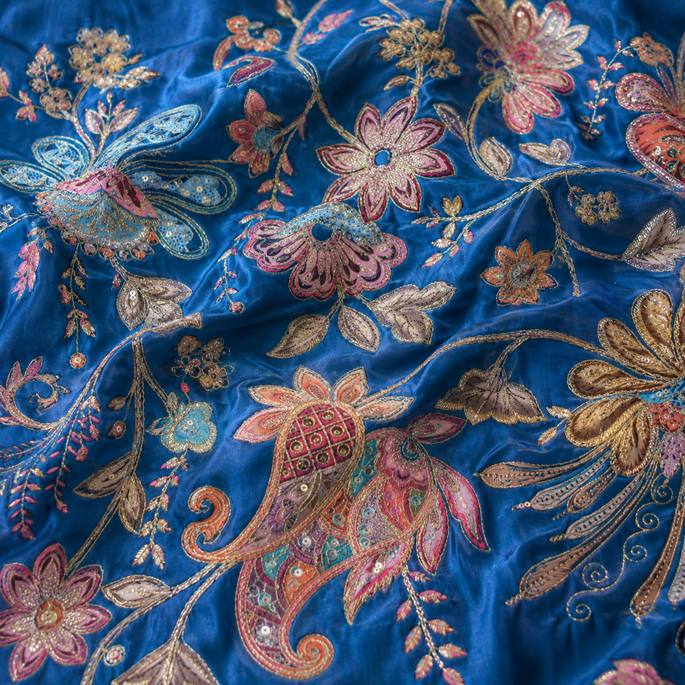 Royal Blue Embroidered Natural Crepe Fabric
