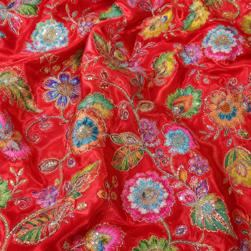 Red Floral Embroidered Natural Crepe Fabric