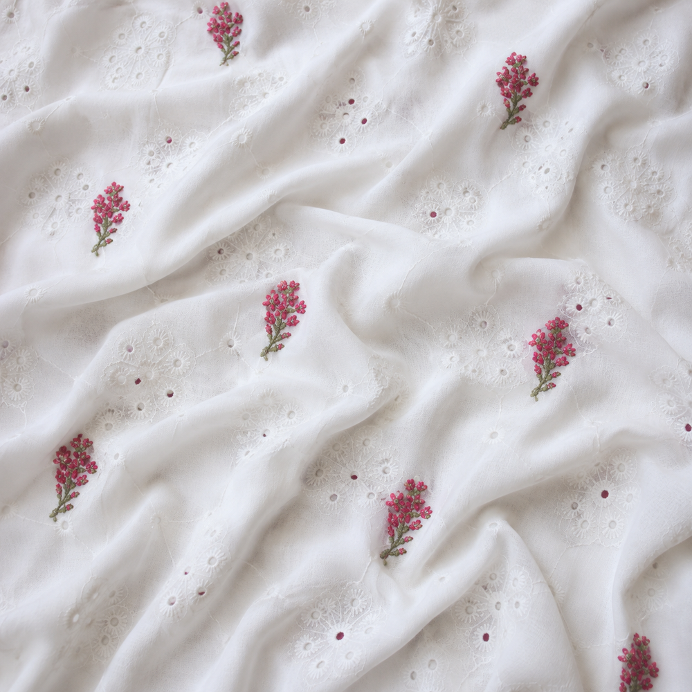 White Floral Embroidered Cotton Fabric