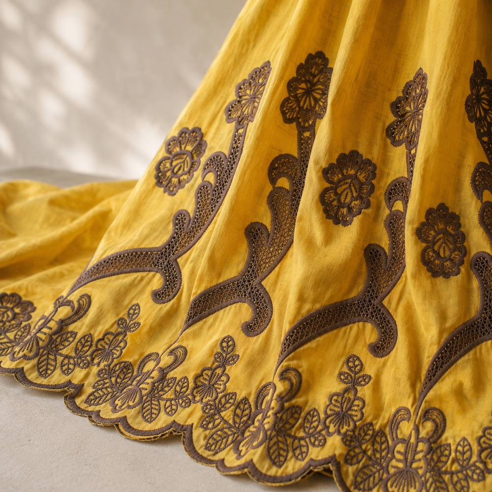 Mustard Yellow Floral Embroidered Cotton Fabric