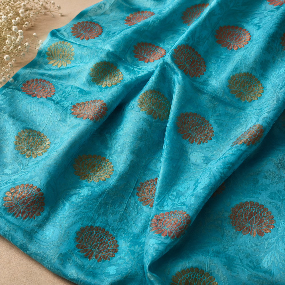 Turquoise Floral Brocade Silk Fabric
