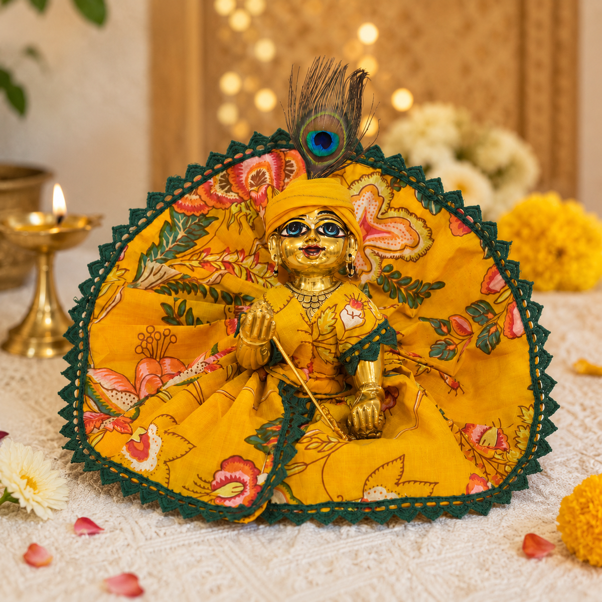 Mustard Yellow Floral Cotton Laddu Gopal Ji Poshak – Daily Seva