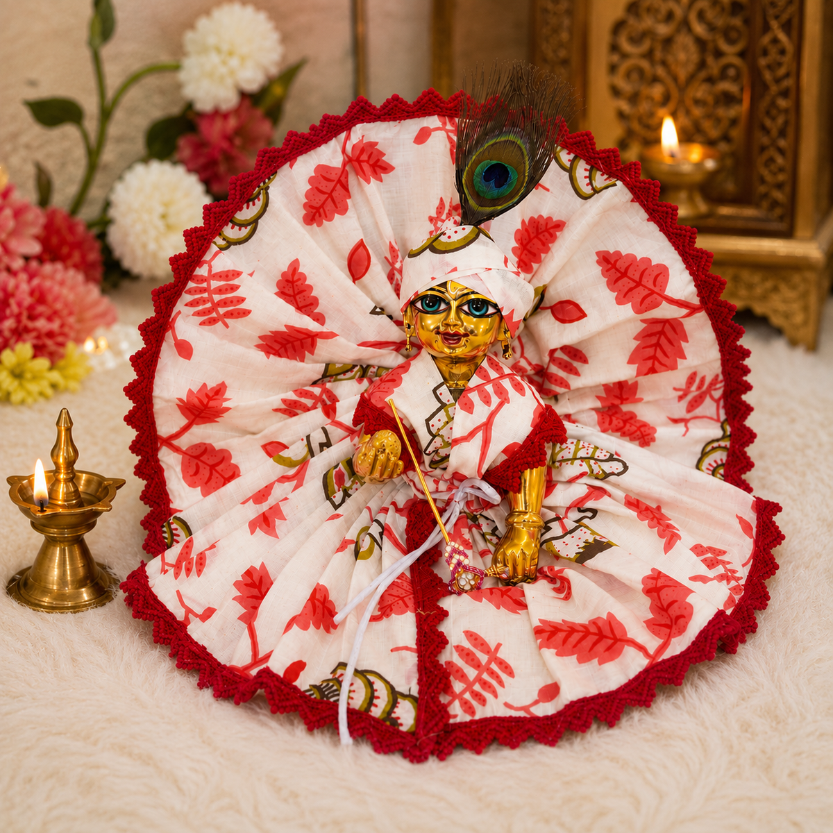 White Red Floral Cotton Laddu Gopal Ji Poshak