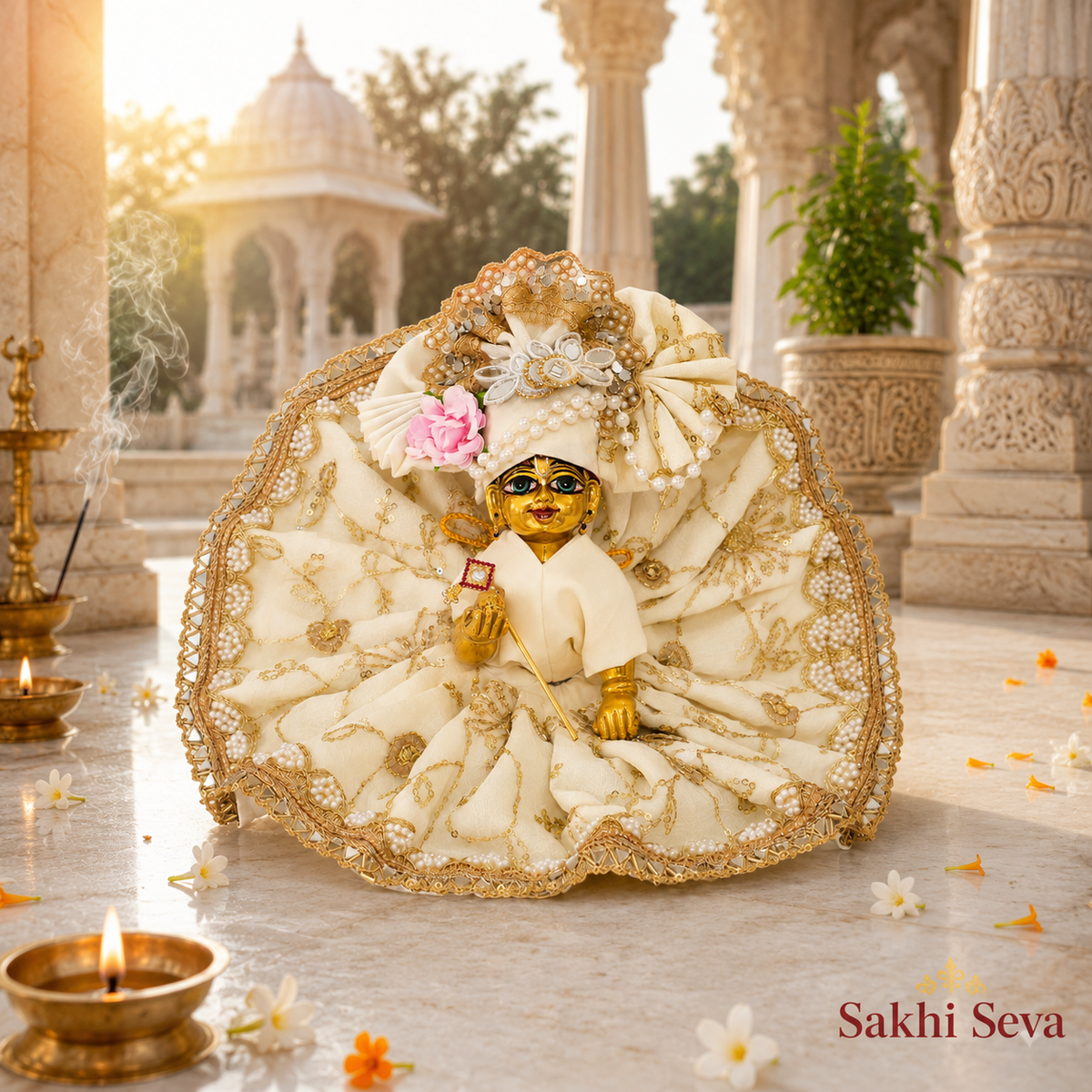 Ivory Pearl & Gold Designer Laddu Gopal Ji Poshak