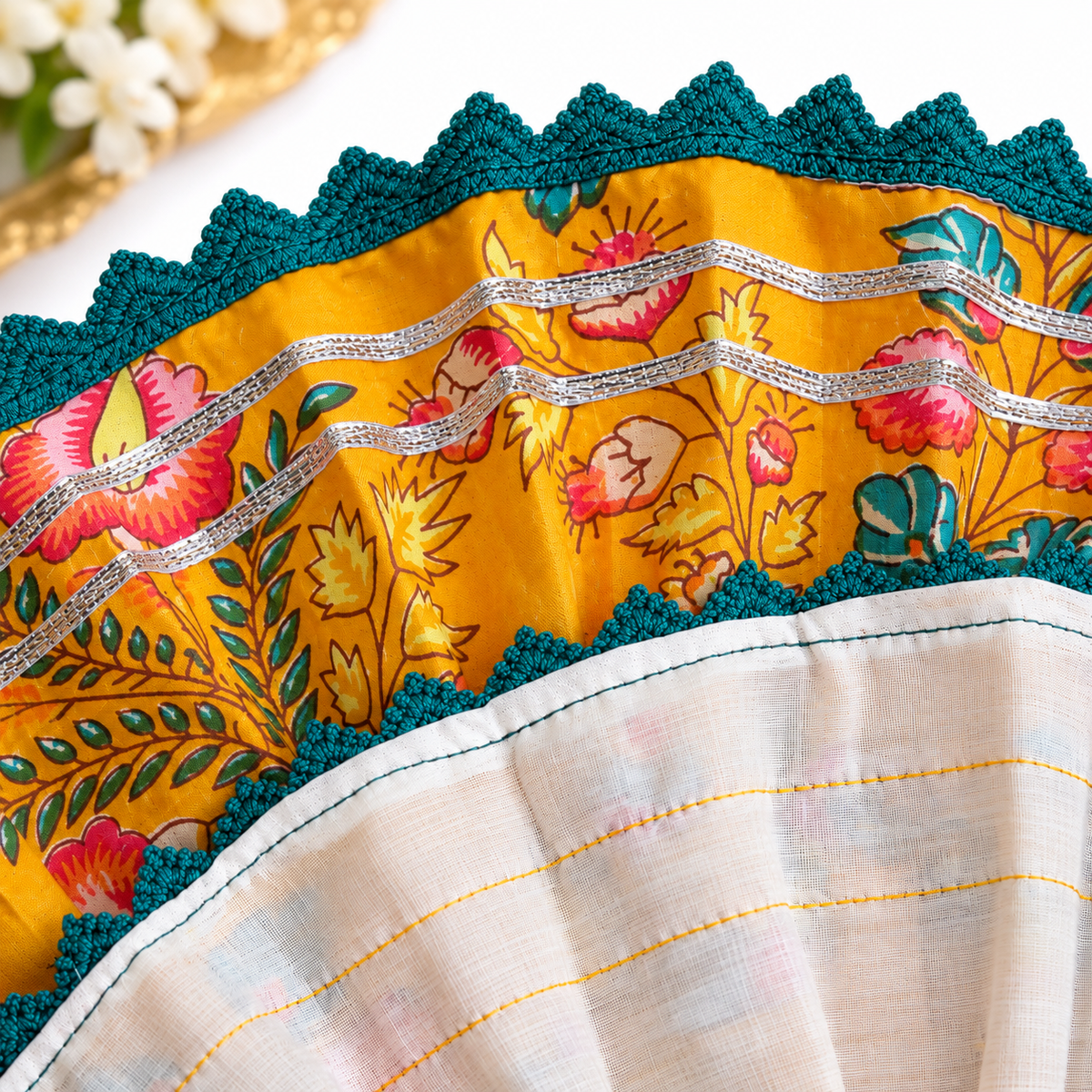 Yugal Sarkar Ji Floral Poshak – Mustard Yellow with Teal Lace