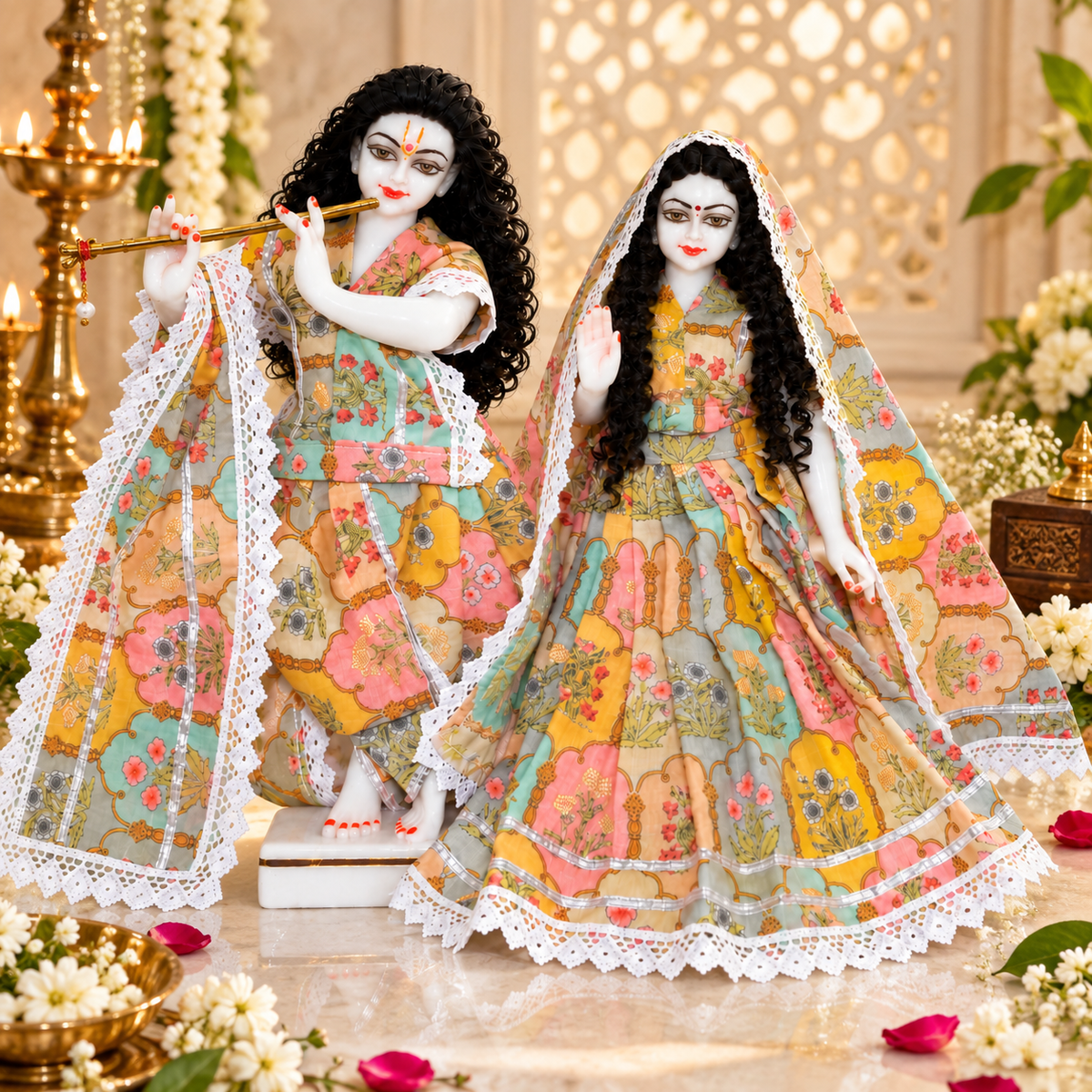 Yugal Sarkar Ji Floral Poshak – Multicolour Floral Print with White Lace