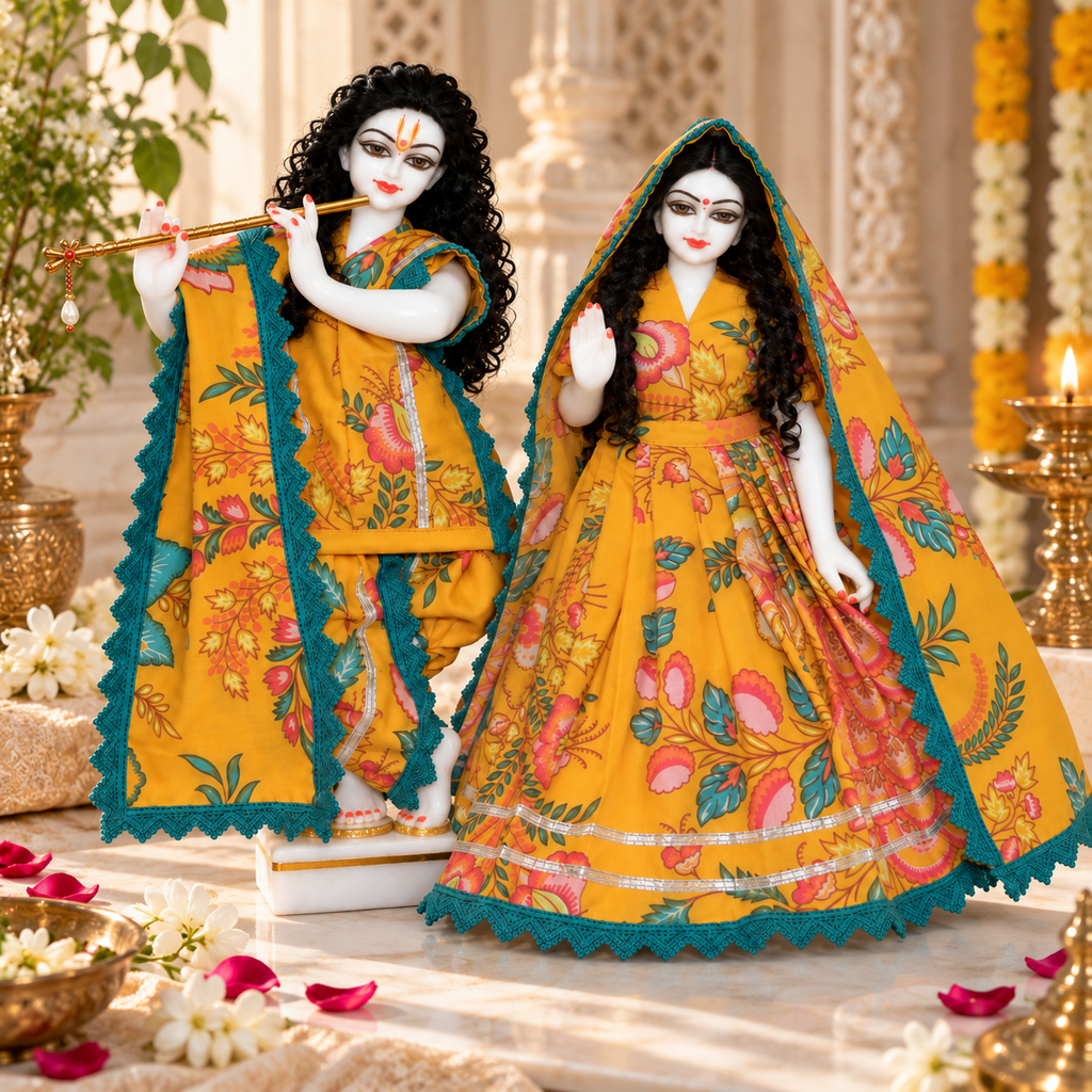 Yugal Sarkar Ji Floral Poshak – Mustard Yellow with Teal Lace