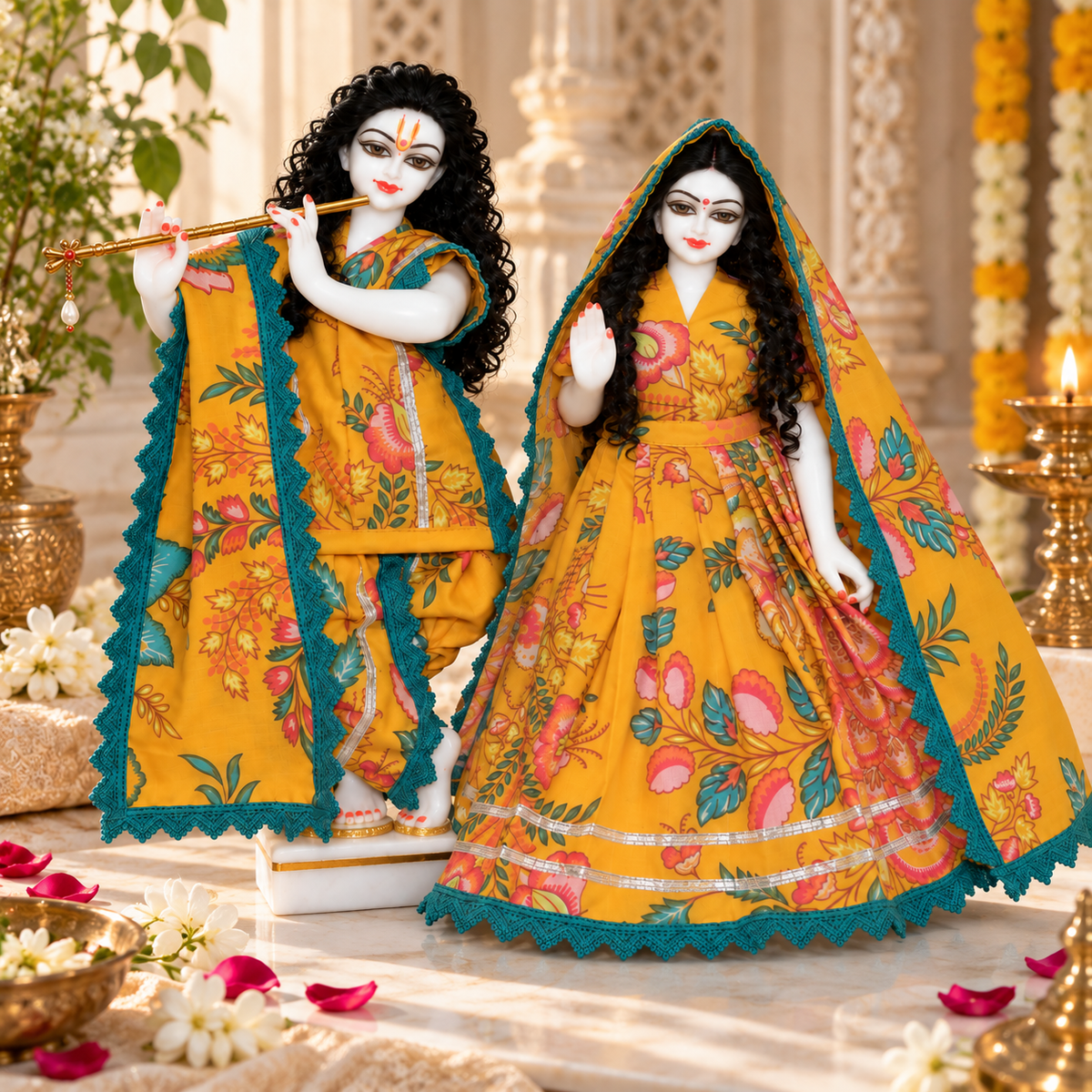 Yugal Sarkar Ji Floral Poshak – Mustard Yellow with Teal Lace