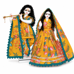 Yugal Sarkar Ji Floral Poshak – Mustard Yellow with Teal Lace