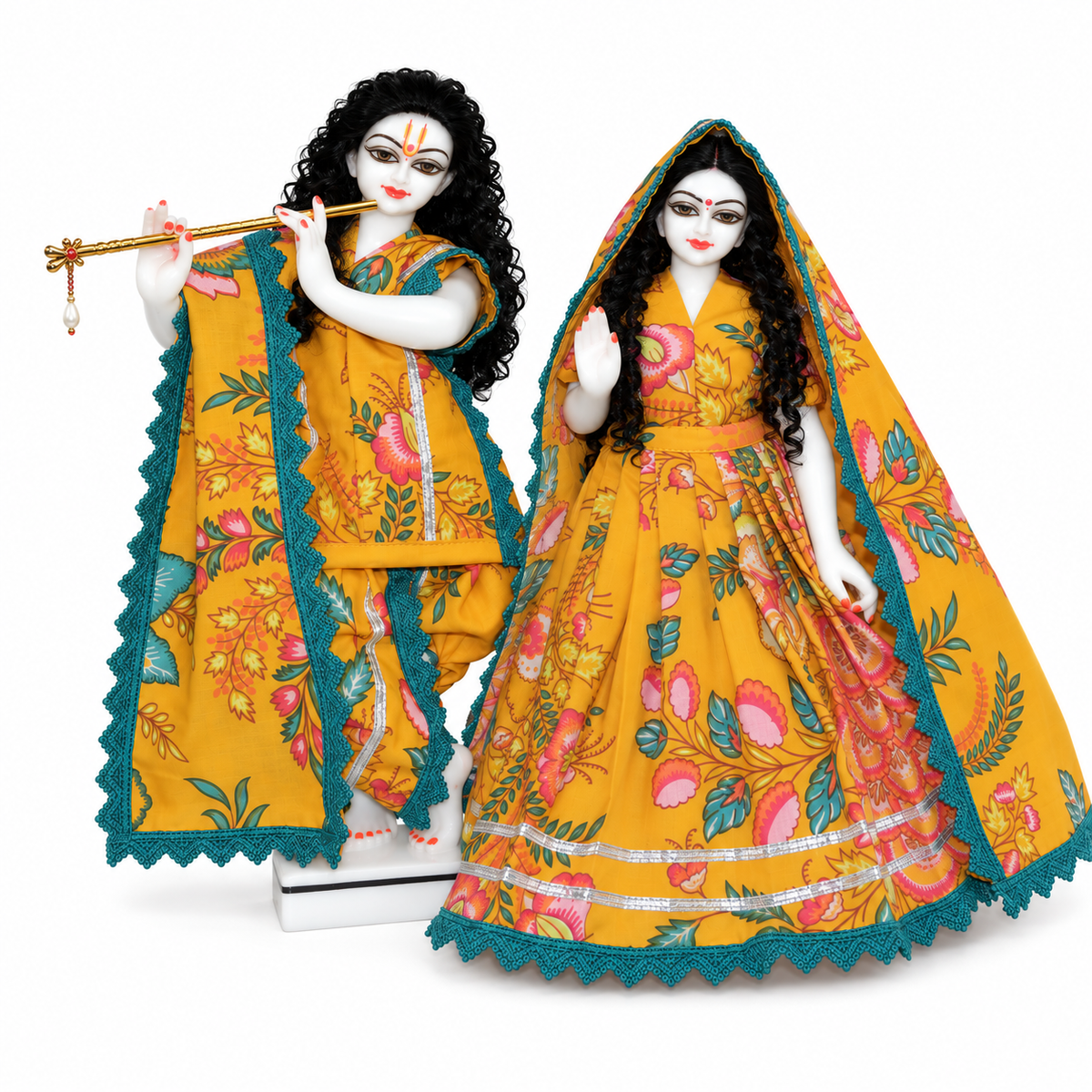 Yugal Sarkar Ji Floral Poshak – Mustard Yellow with Teal Lace