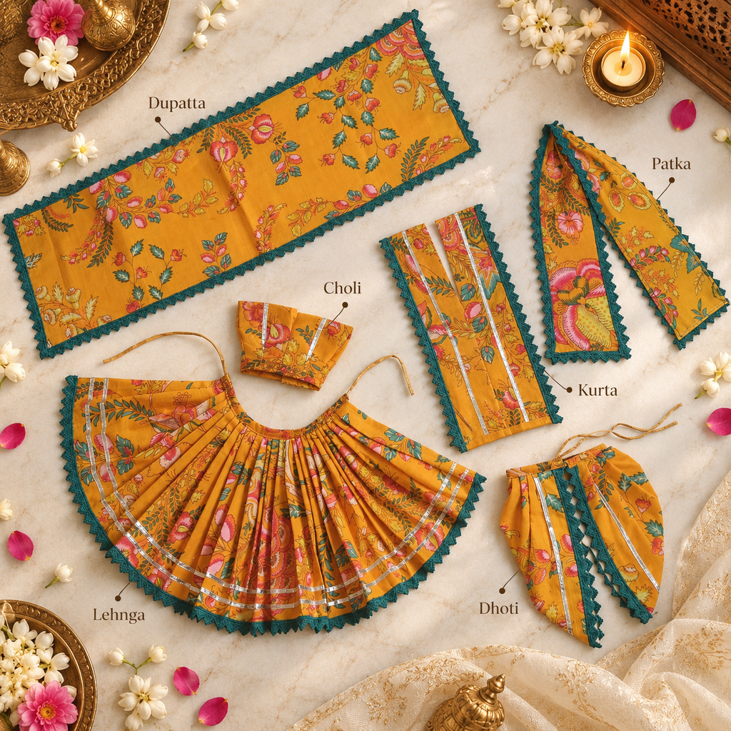 Yugal Sarkar Ji Floral Poshak – Mustard Yellow with Teal Lace