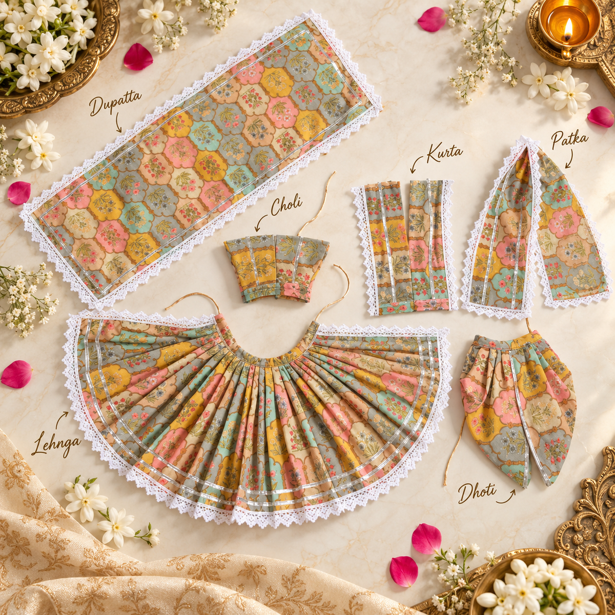 Yugal Sarkar Ji Floral Poshak – Multicolour Floral Print with White Lace