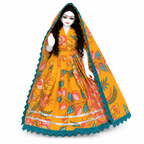 Yugal Sarkar Ji Floral Poshak – Mustard Yellow with Teal Lace