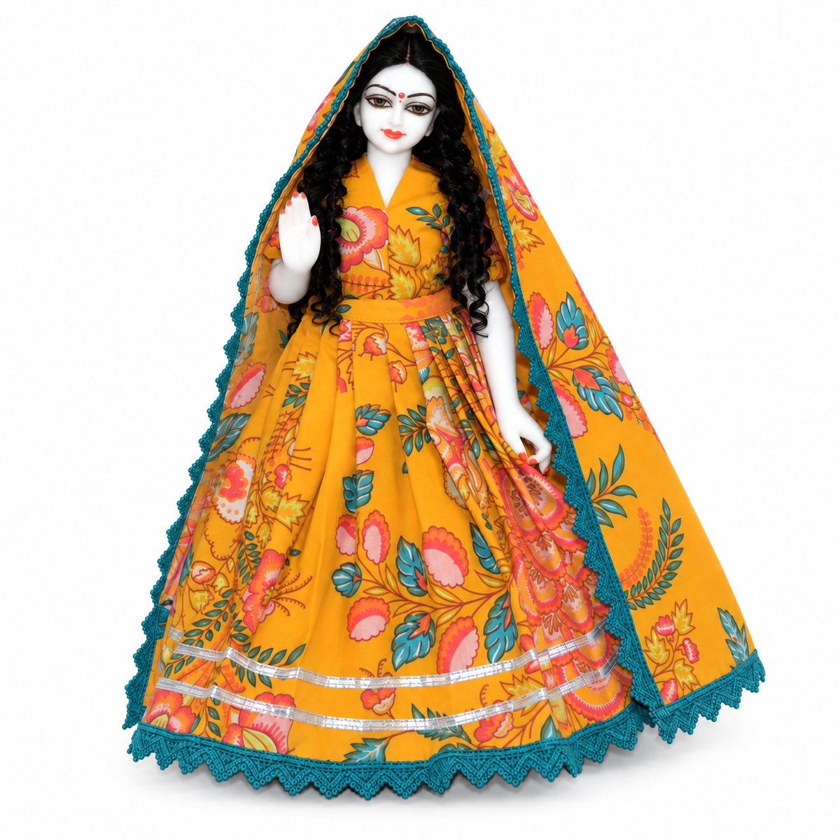 Yugal Sarkar Ji Floral Poshak – Mustard Yellow with Teal Lace